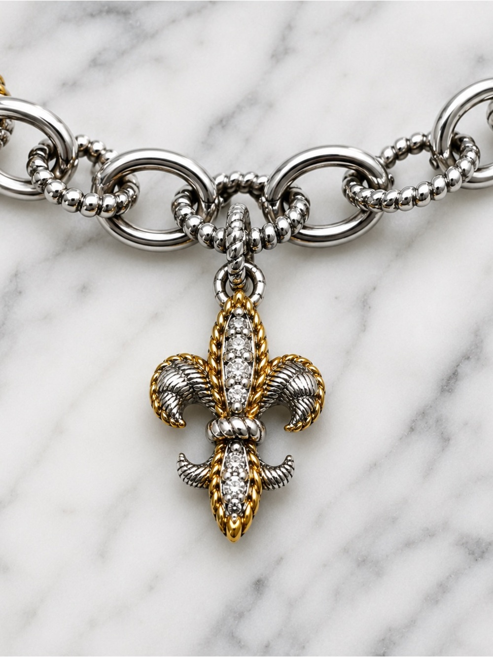 Judith Ripka 925 Sterling Two-Tone Fleur-de-Lis Charm Bracelet 8” 29g CZ - Picture 3 of 15